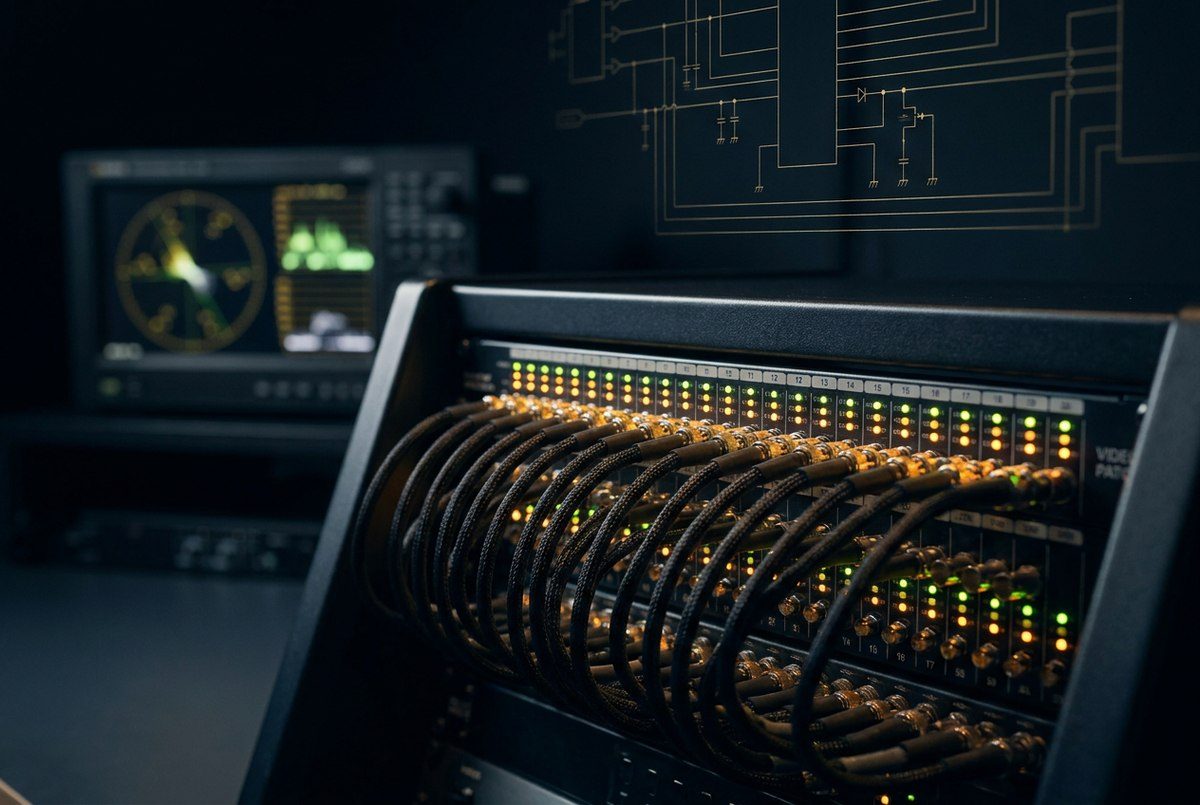 Video patch bay and rack gear in a production control room